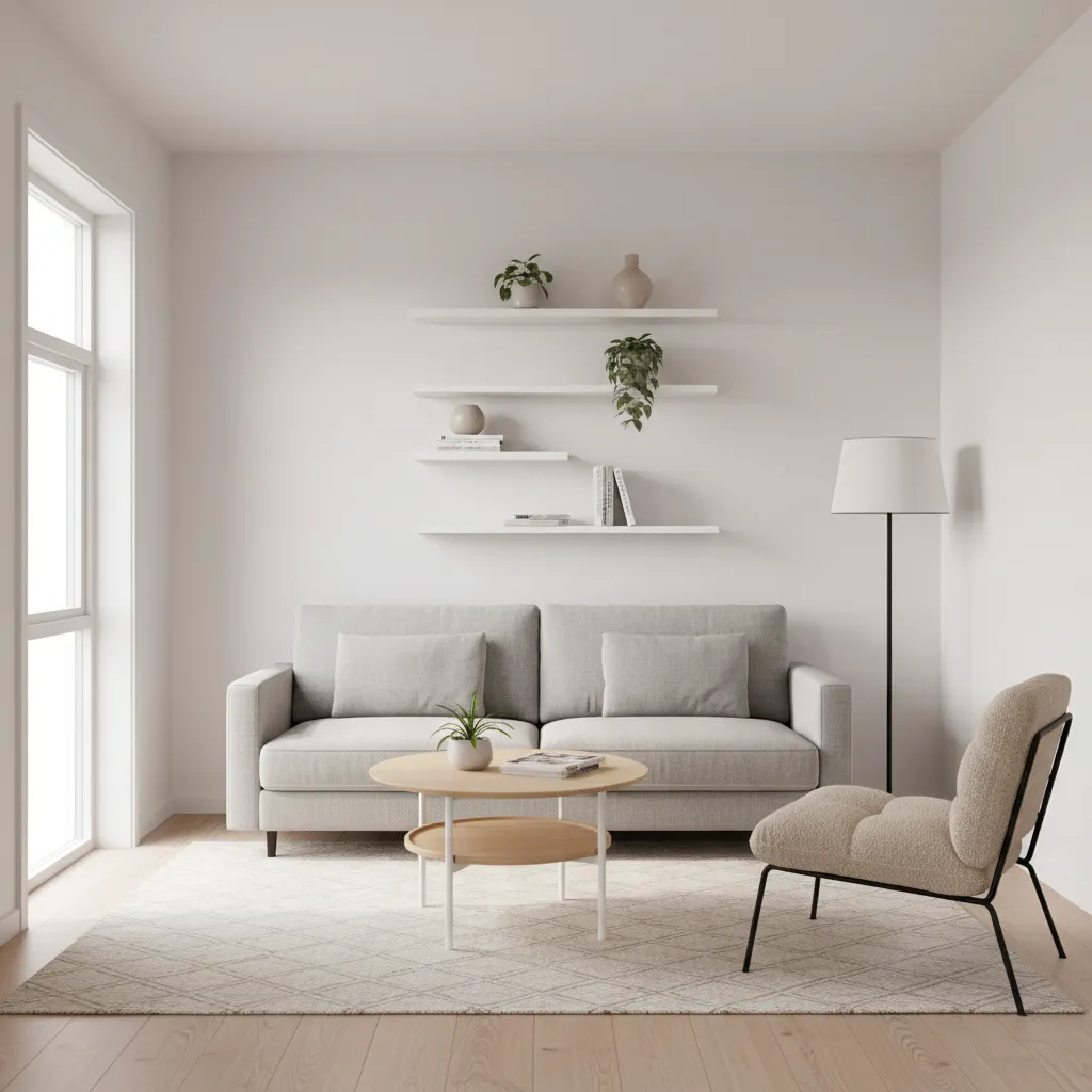 small living room optimized furniture layout with sofa and storage