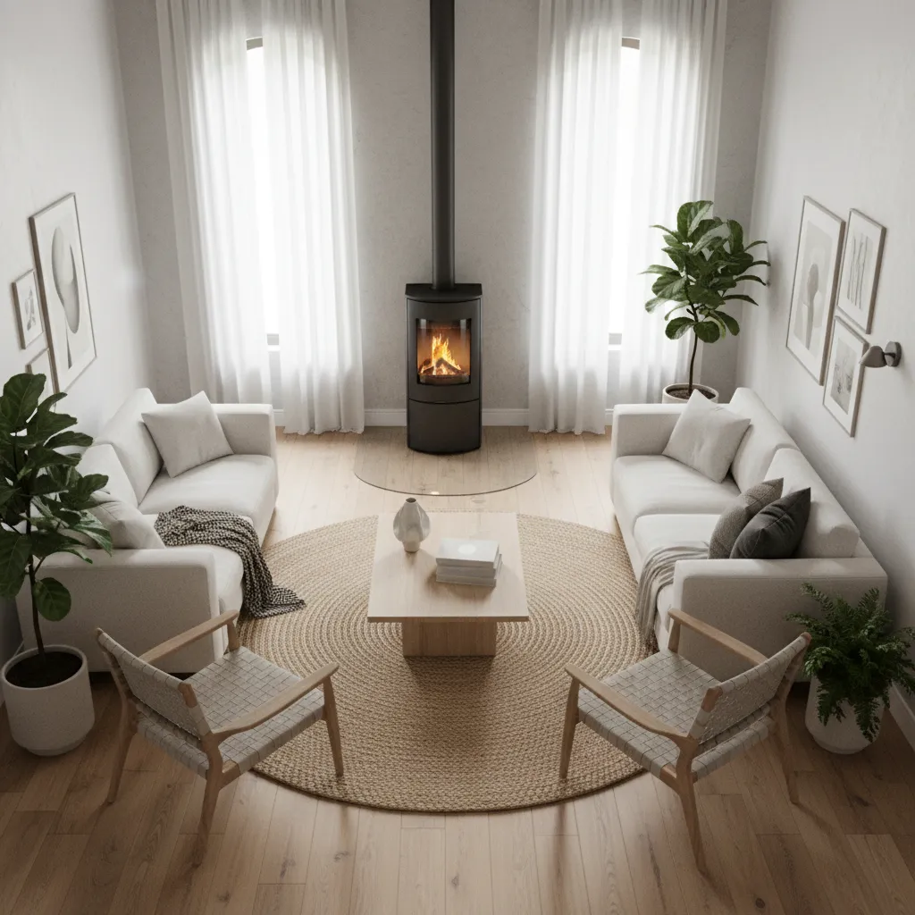 Small living room furniture layout designed to improve heat flow from pellet stove