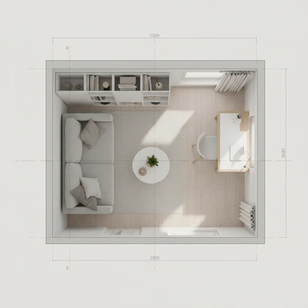 Small apartment room layout optimized with furniture placed efficiently using metric planning