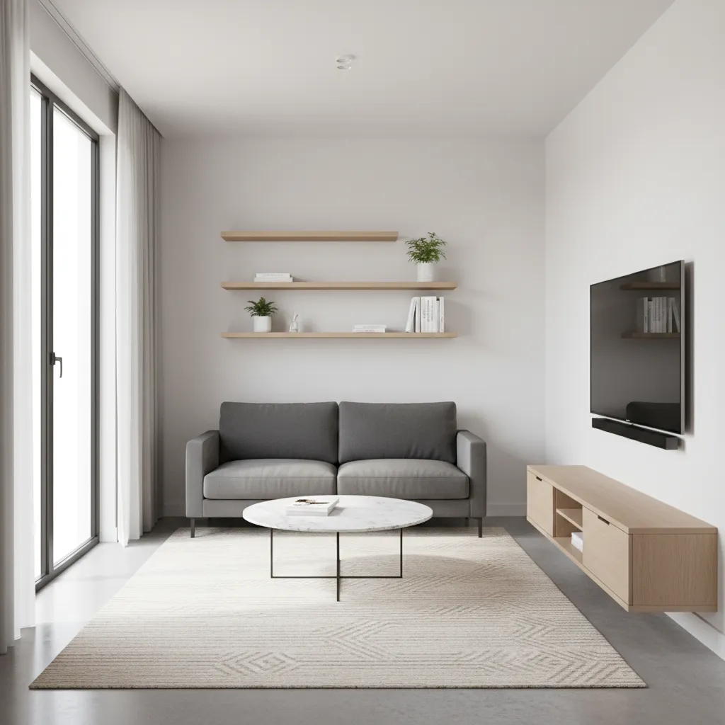 Modern living room with grey sofa marble coffee table wooden shelves wall mounted television and rug