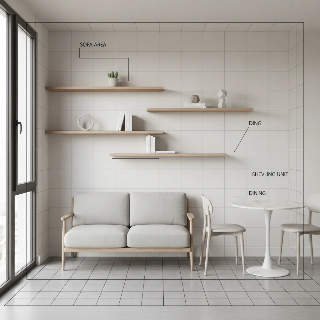 Small apartment living room layout planned with digital furniture placement grid