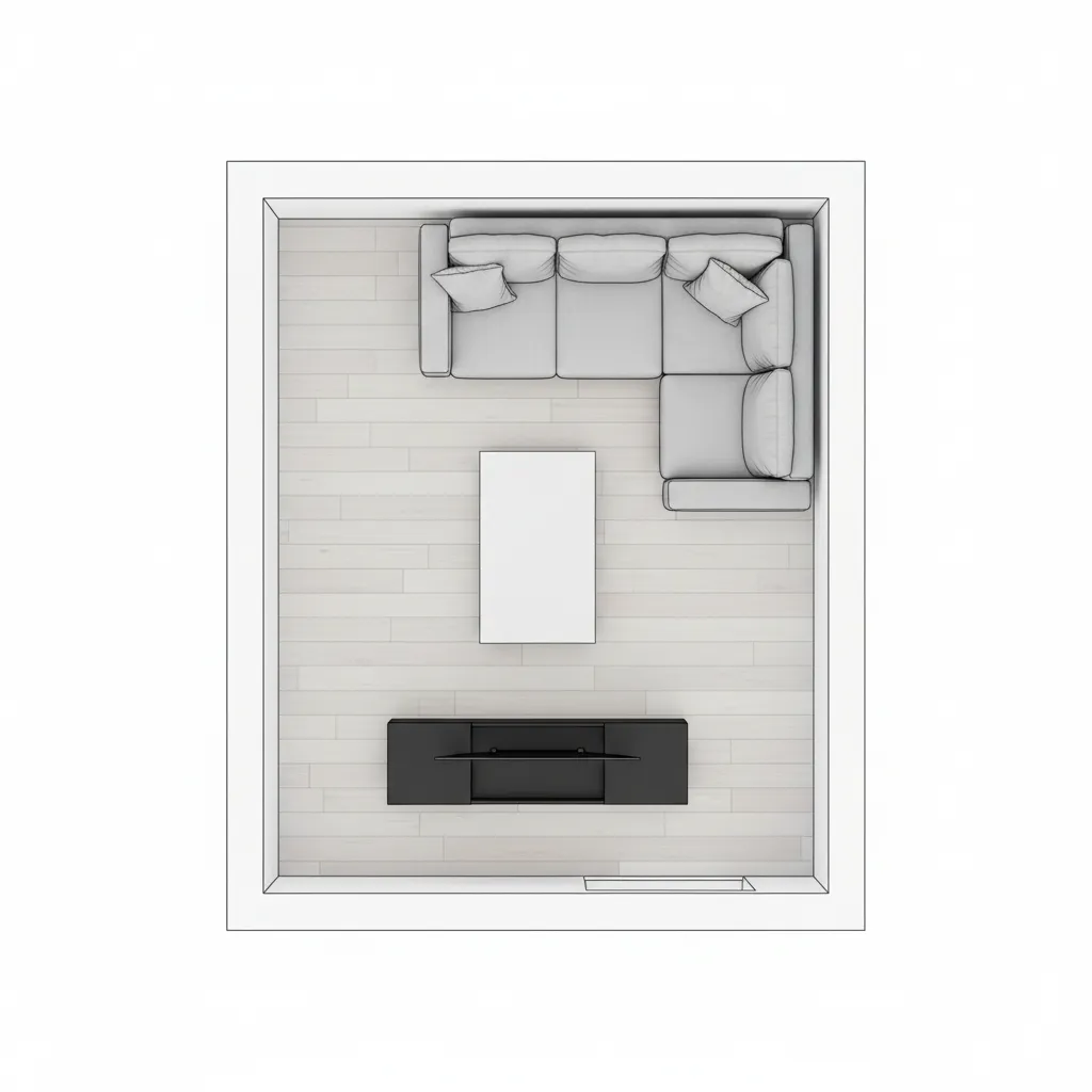 Small living room floor plan showing optimized furniture placement