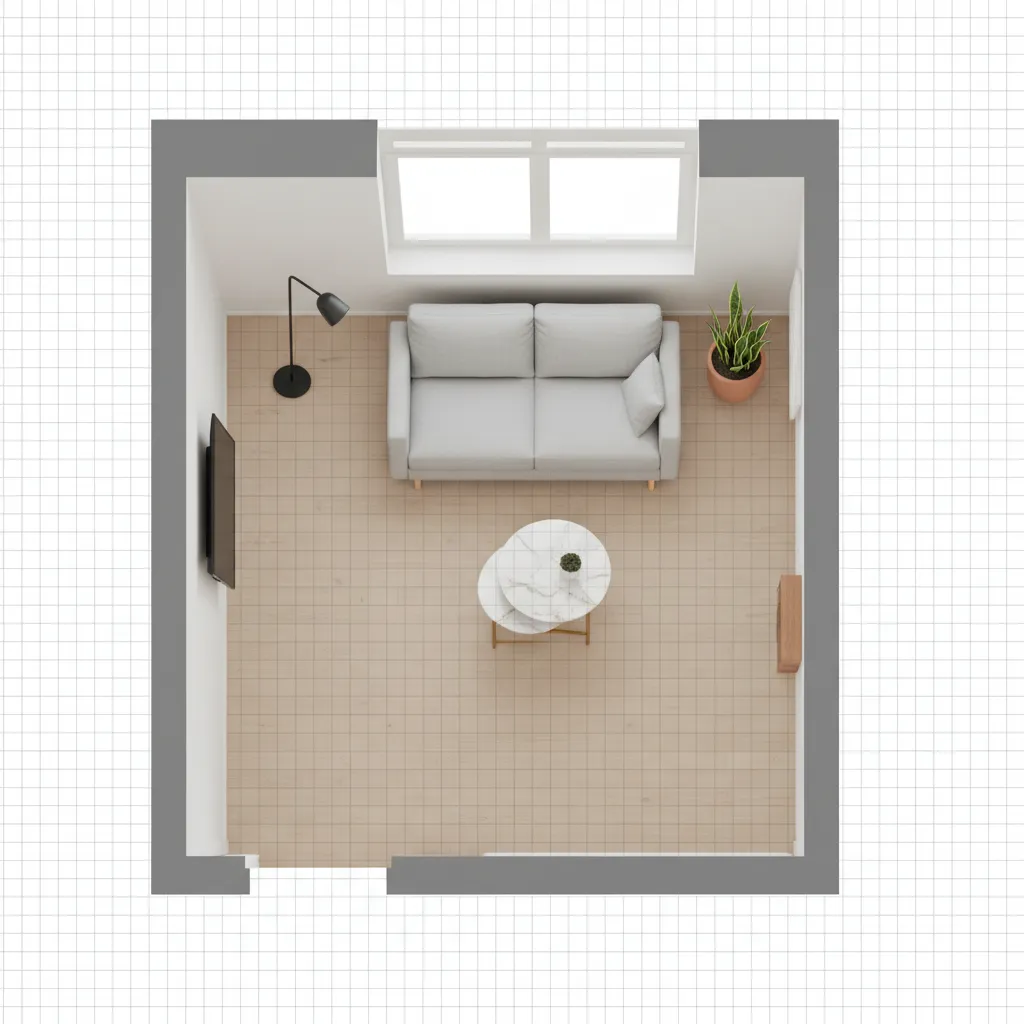 Compact apartment living room floor plan demonstrating smart furniture placement