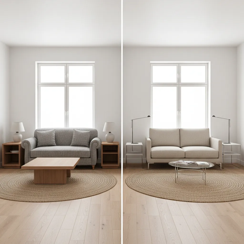 Comparison of bulky sofa versus slim profile sofa in a small living room