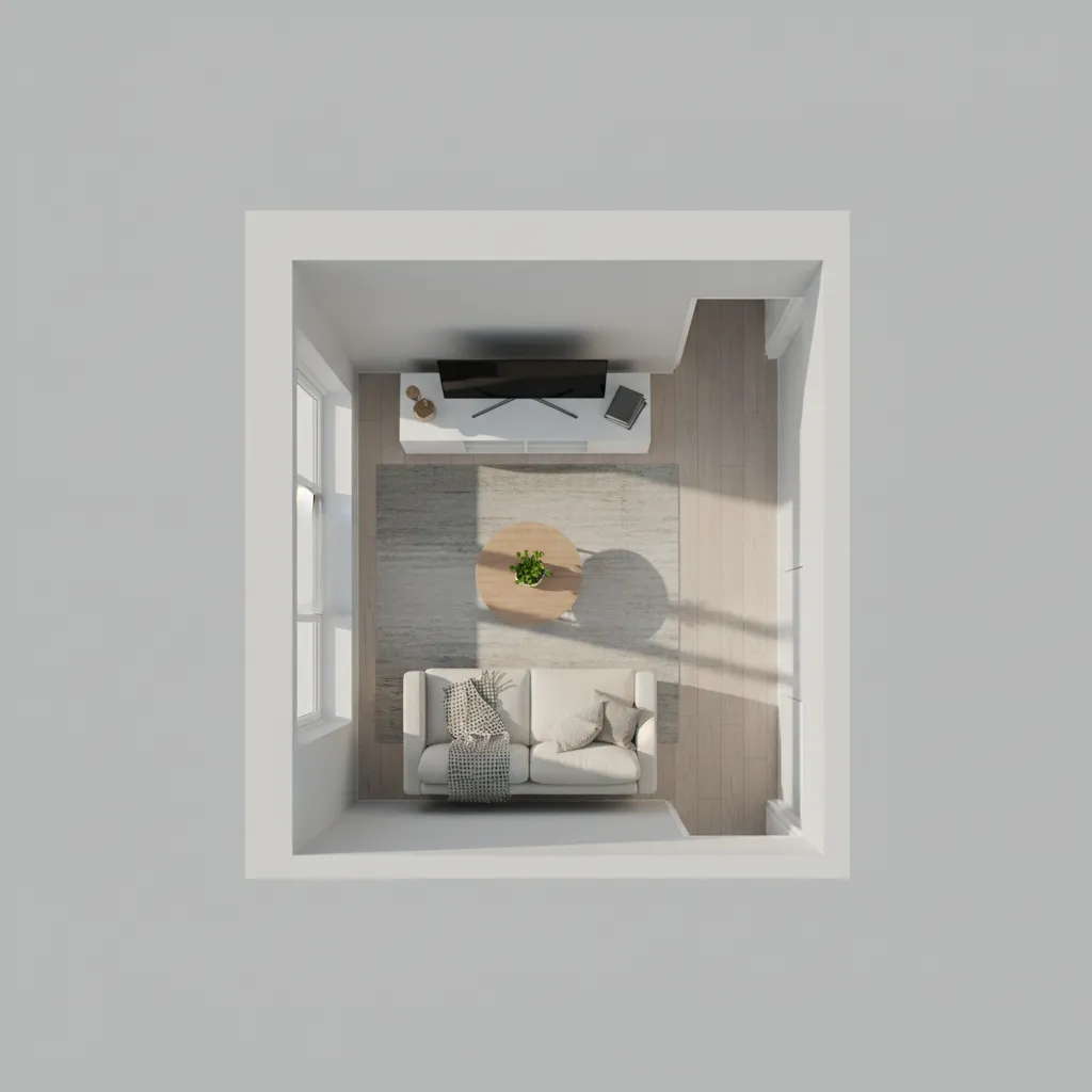 Small apartment living room 3D plan demonstrating furniture spacing