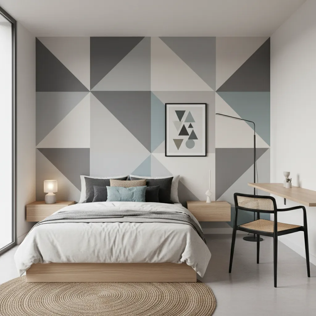 Habitación pequeña con pared geométrica como punto focal