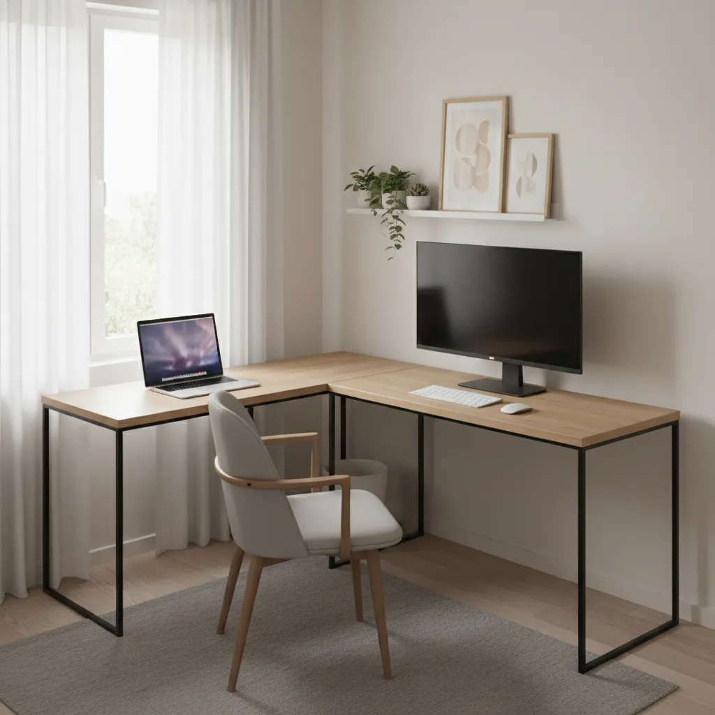 Compact L shaped desk placed in a small room corner workspace