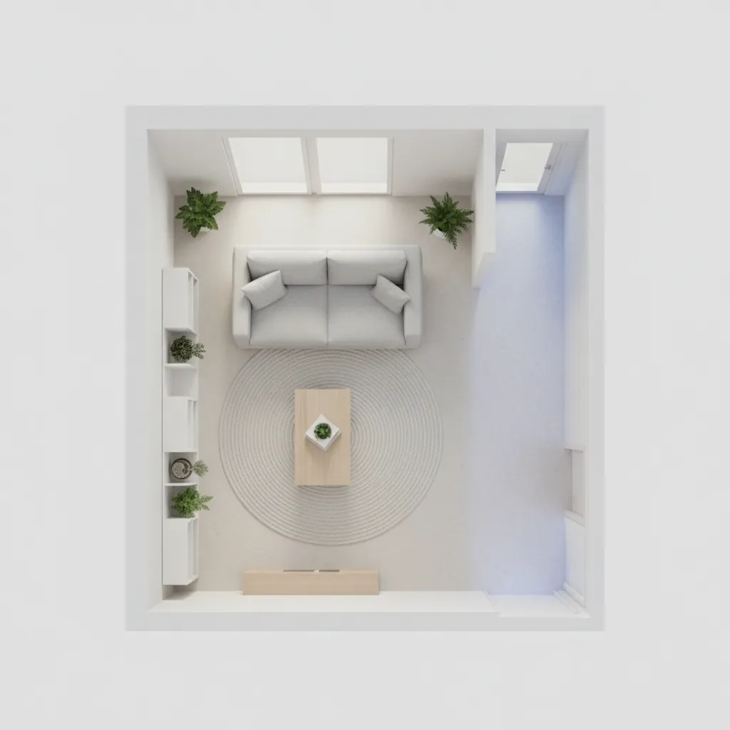 Small room 3D layout showing furniture spacing and walking paths