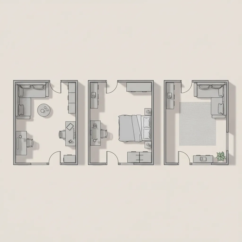 Comparison of three different small room furniture layouts from top view