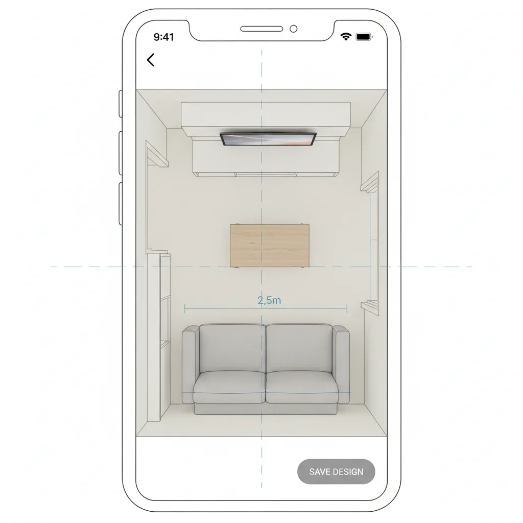 Thiết kế bố trí nội thất phòng khách nhỏ trên ứng dụng điện thoại
