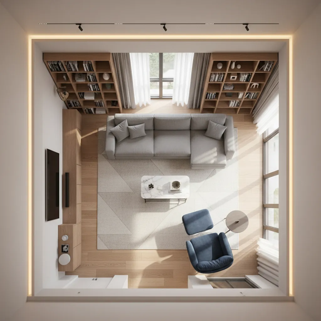 living room layout showing furniture placed along walls with open center