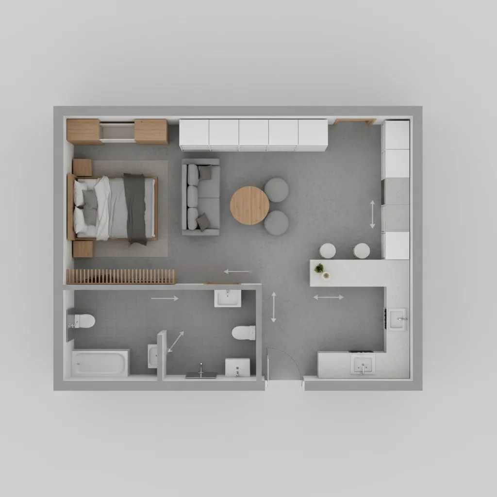 Small apartment floor plan showing compact furniture layout
