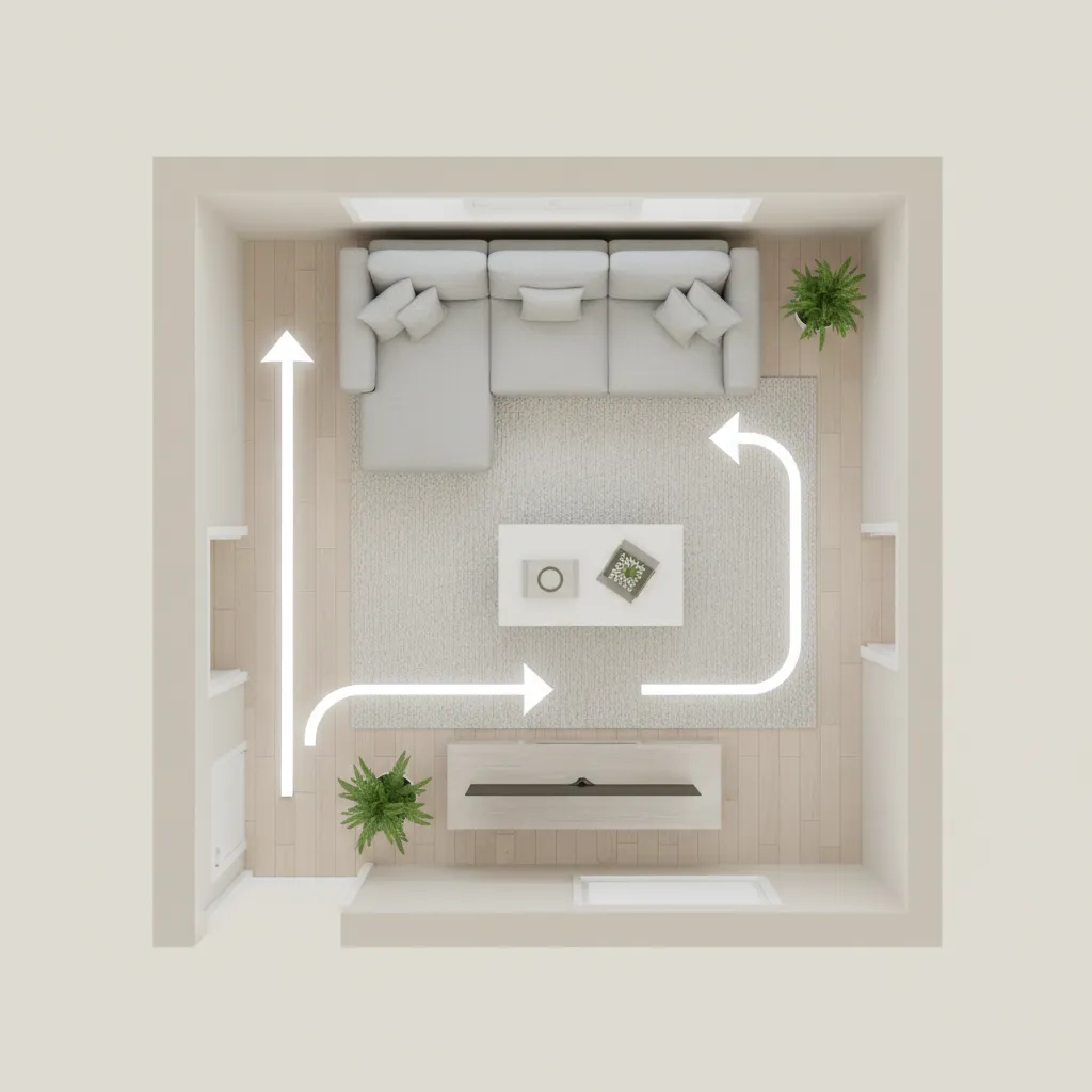 Small living room layout showing furniture spacing and walking paths