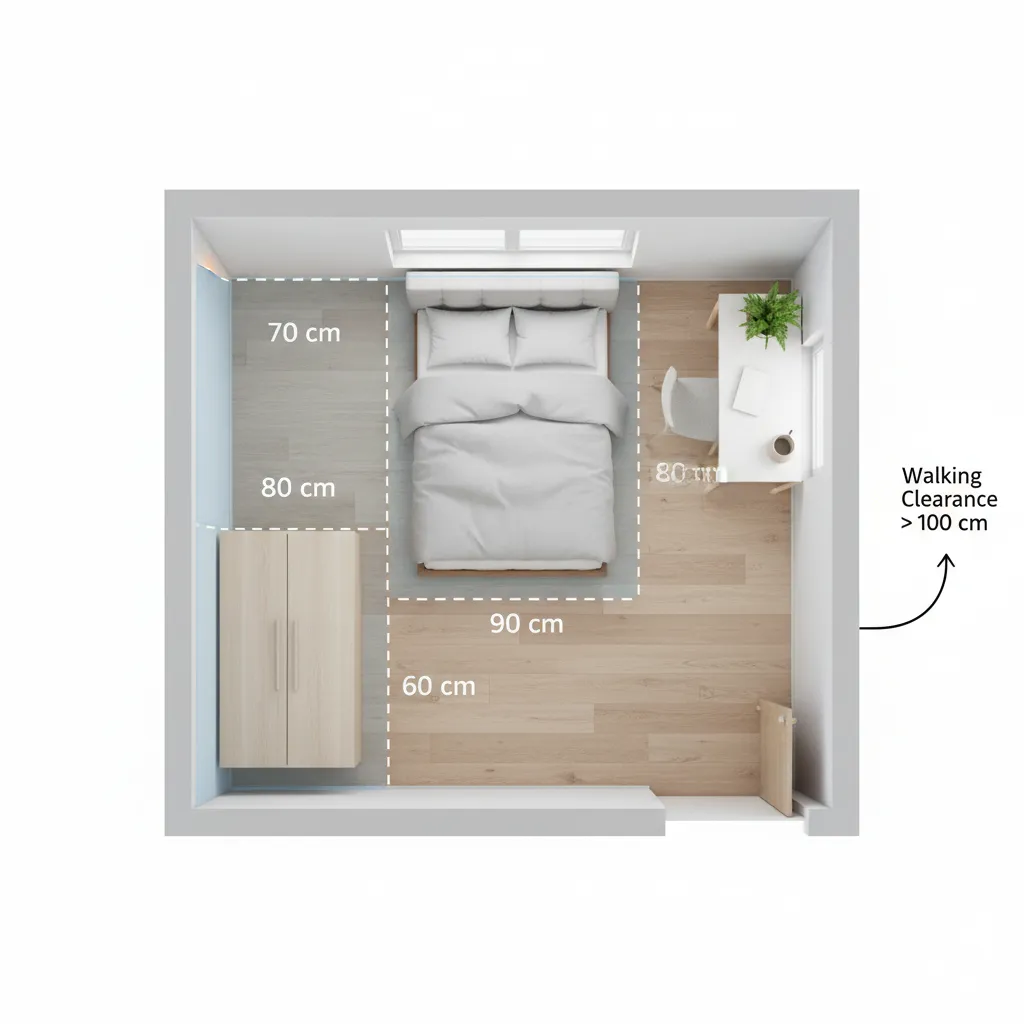 Small bedroom layout with bed wardrobe and walking clearance measured in centimeters