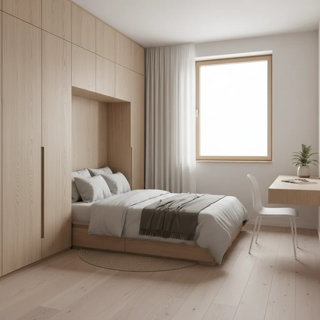 Small bedroom design with wooden wall panel bed area white chair desk and light flooring