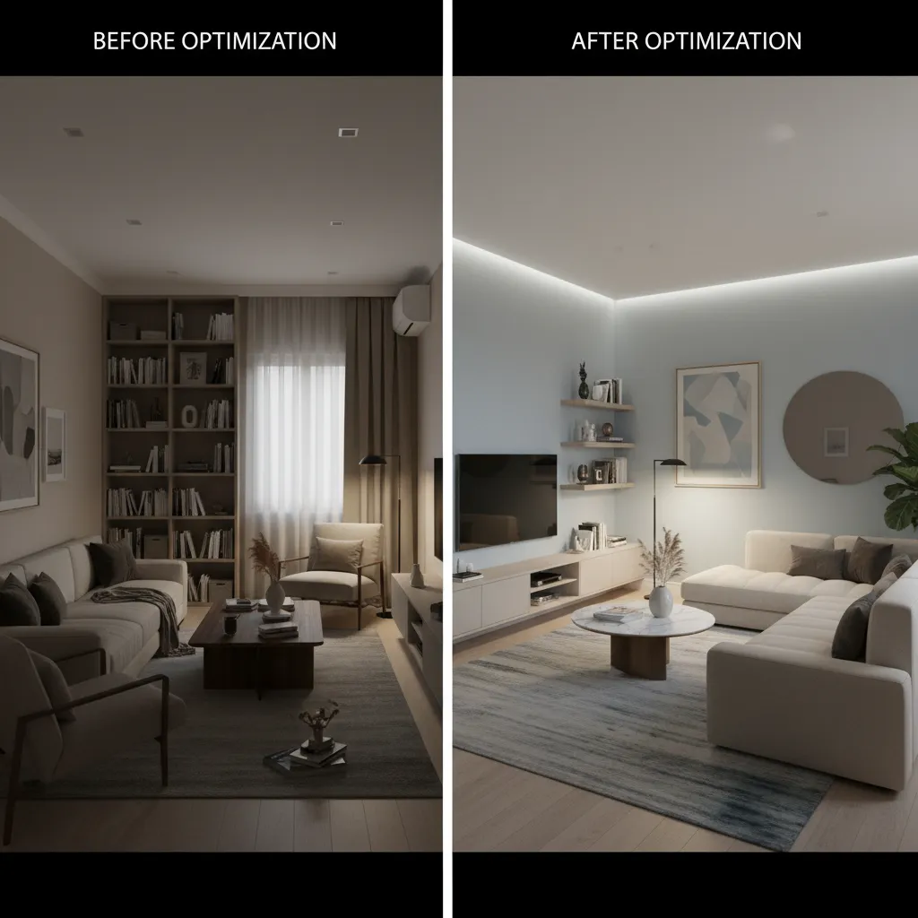 Before and after comparison showing living room transformation with better lighting and a new layout