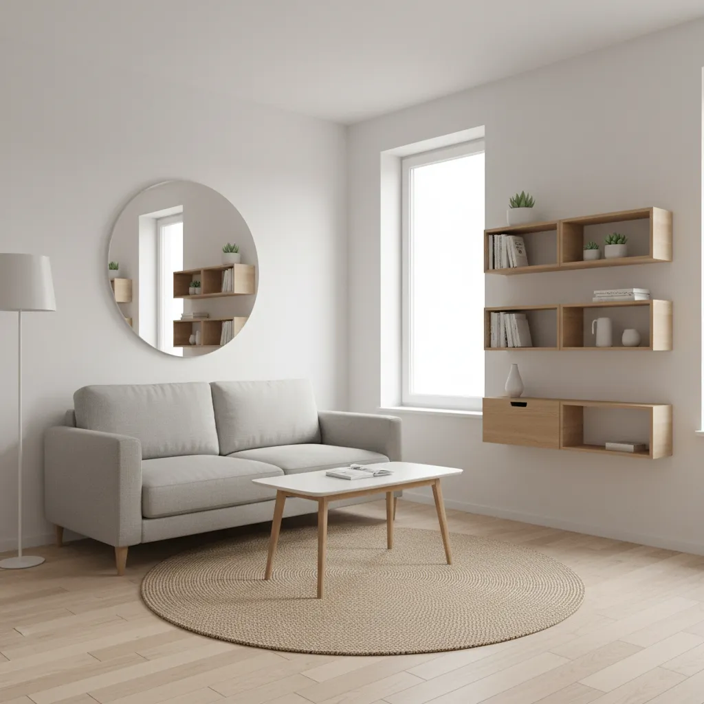Small apartment room layout optimized with compact furniture arrangement