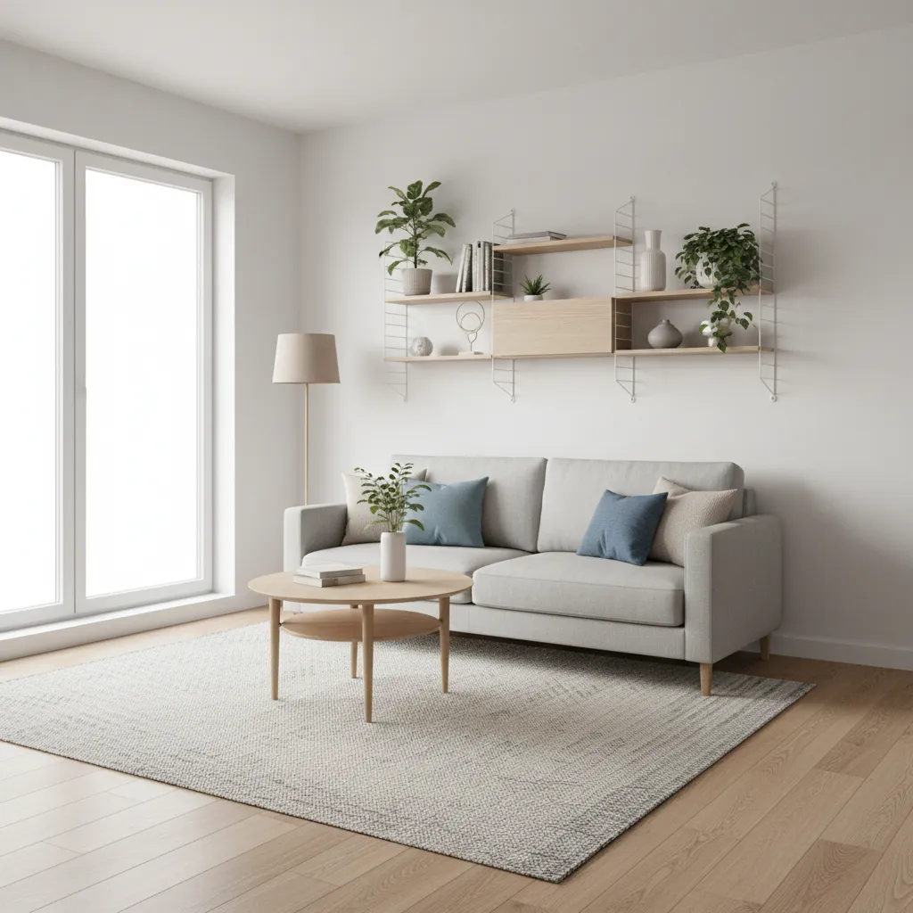 small living room optimized furniture layout showing space saving arrangement
