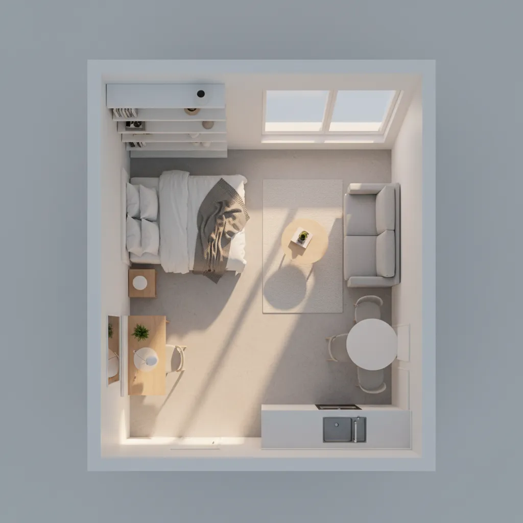 Small apartment room layout showing optimized furniture placement