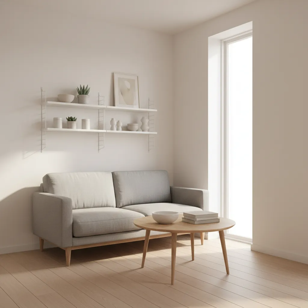 small living room optimized layout with minimal furniture and open space