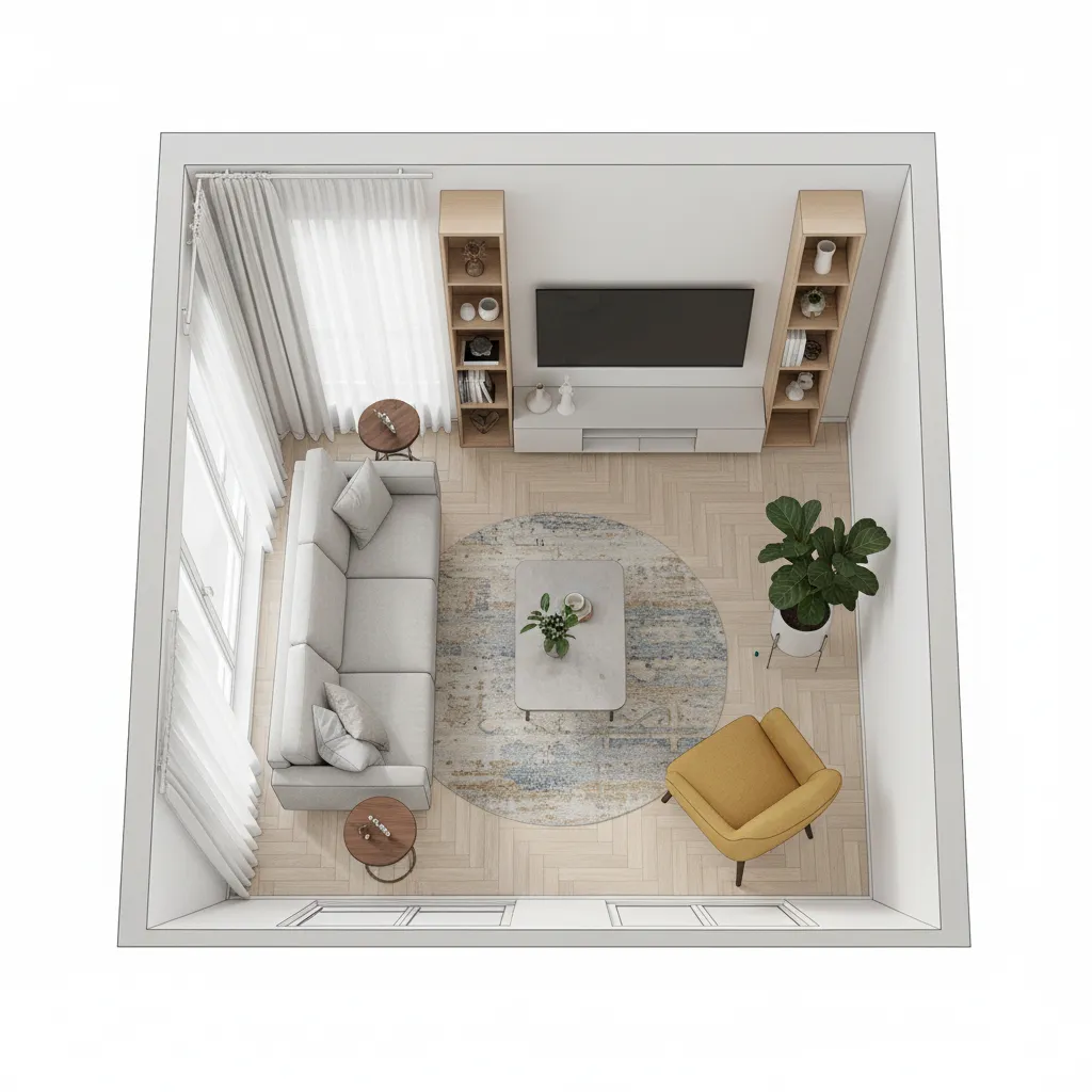 optimized small living room floor plan with smart furniture placement