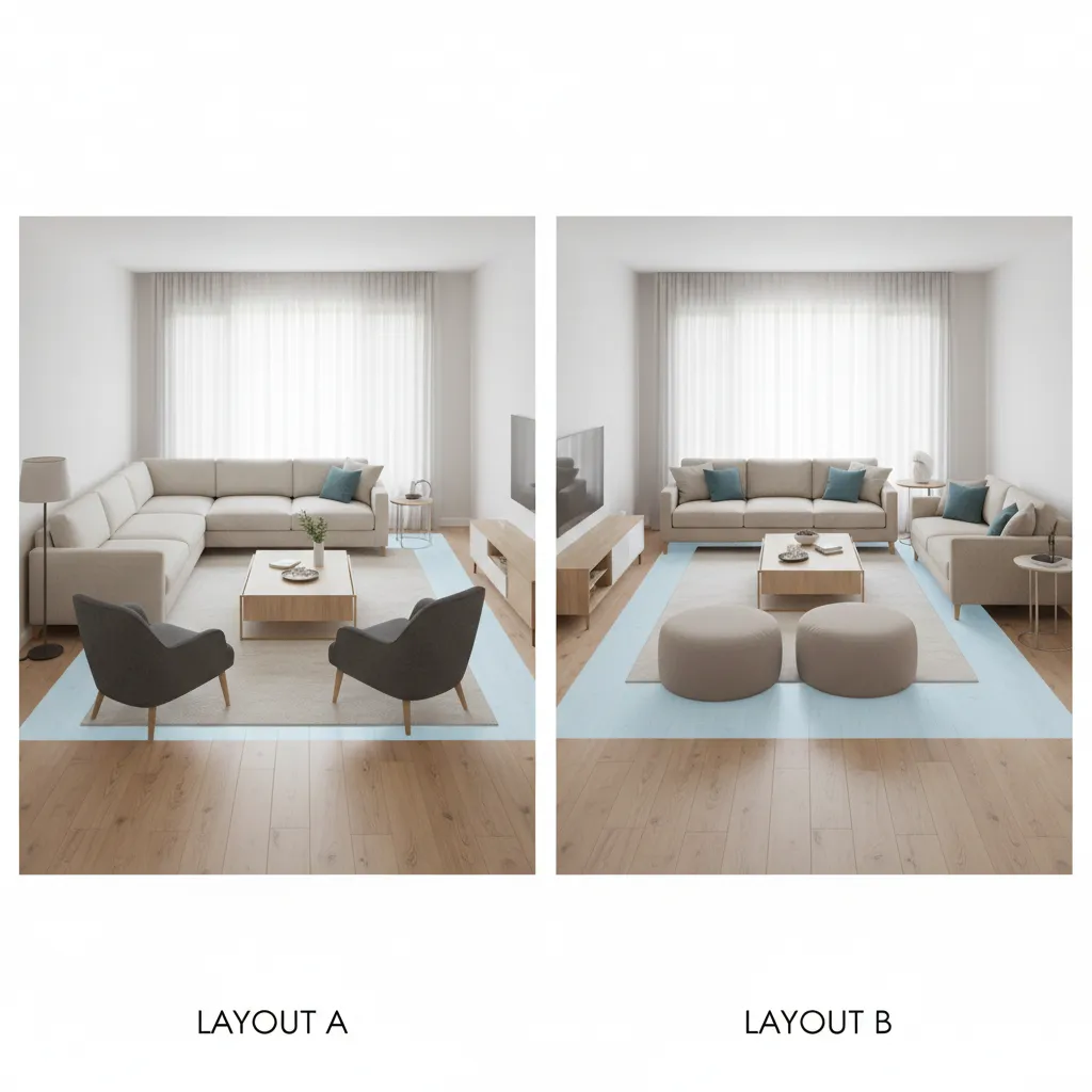 Comparison of cramped versus optimized small living room layout using design software