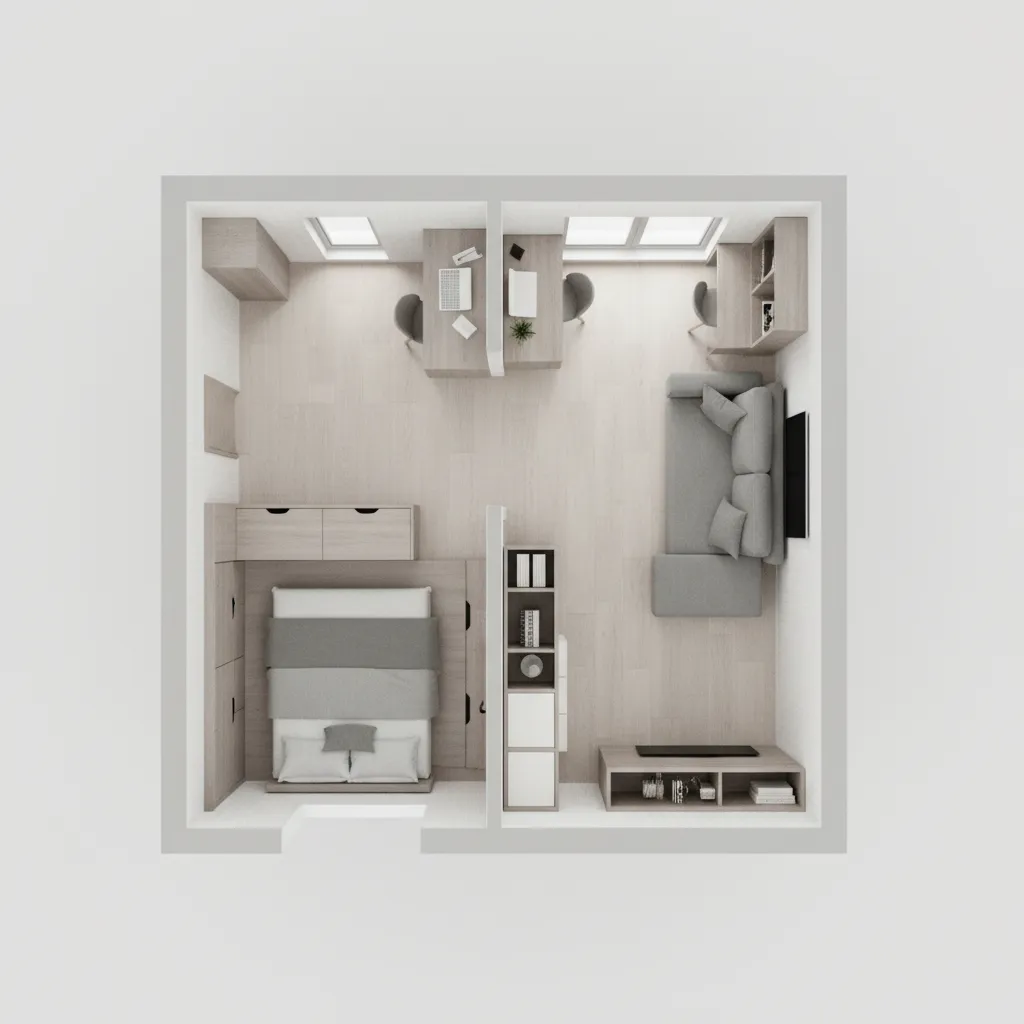Small apartment room floor planner layout maximizing furniture placement