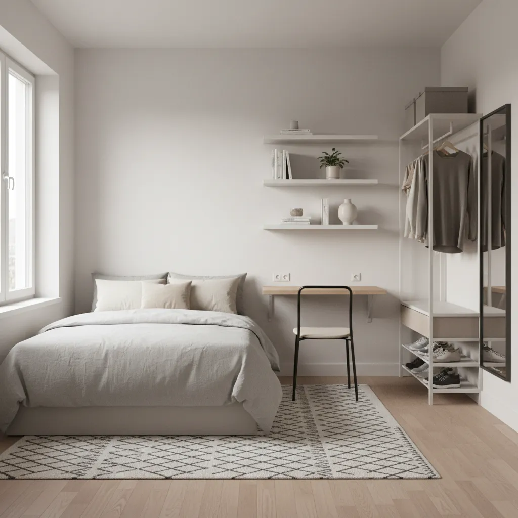 Compact room layout with carefully arranged furniture and open walking space