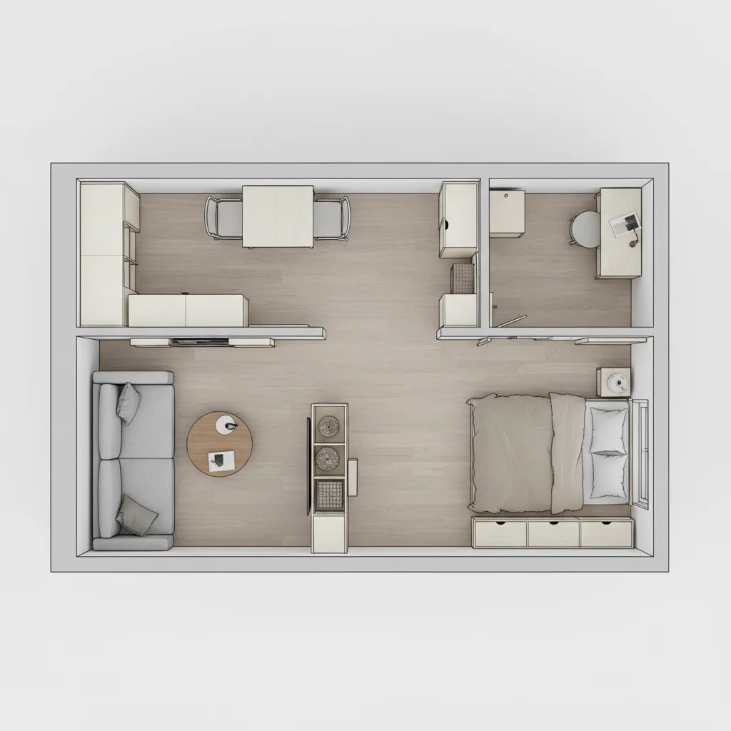 compact apartment floor plan showing optimized furniture placement