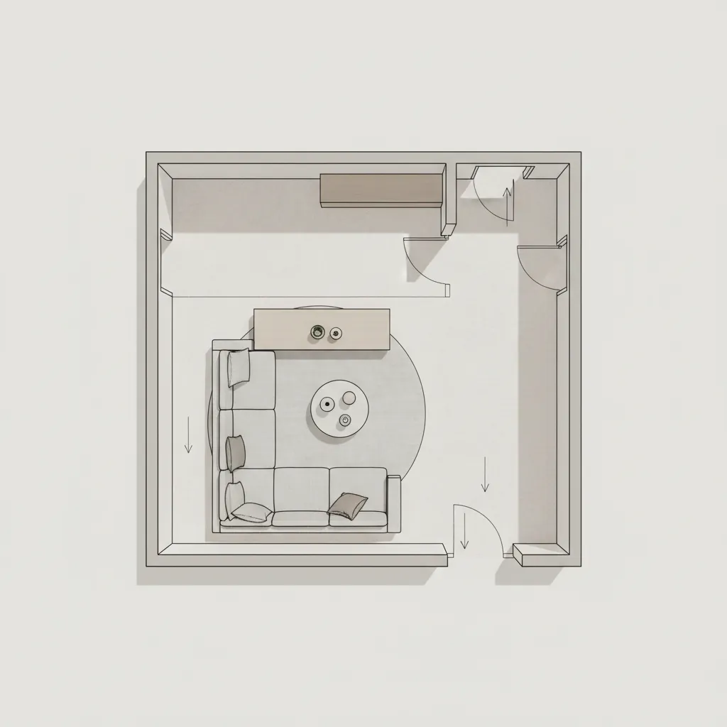 small apartment layout planning with furniture spacing