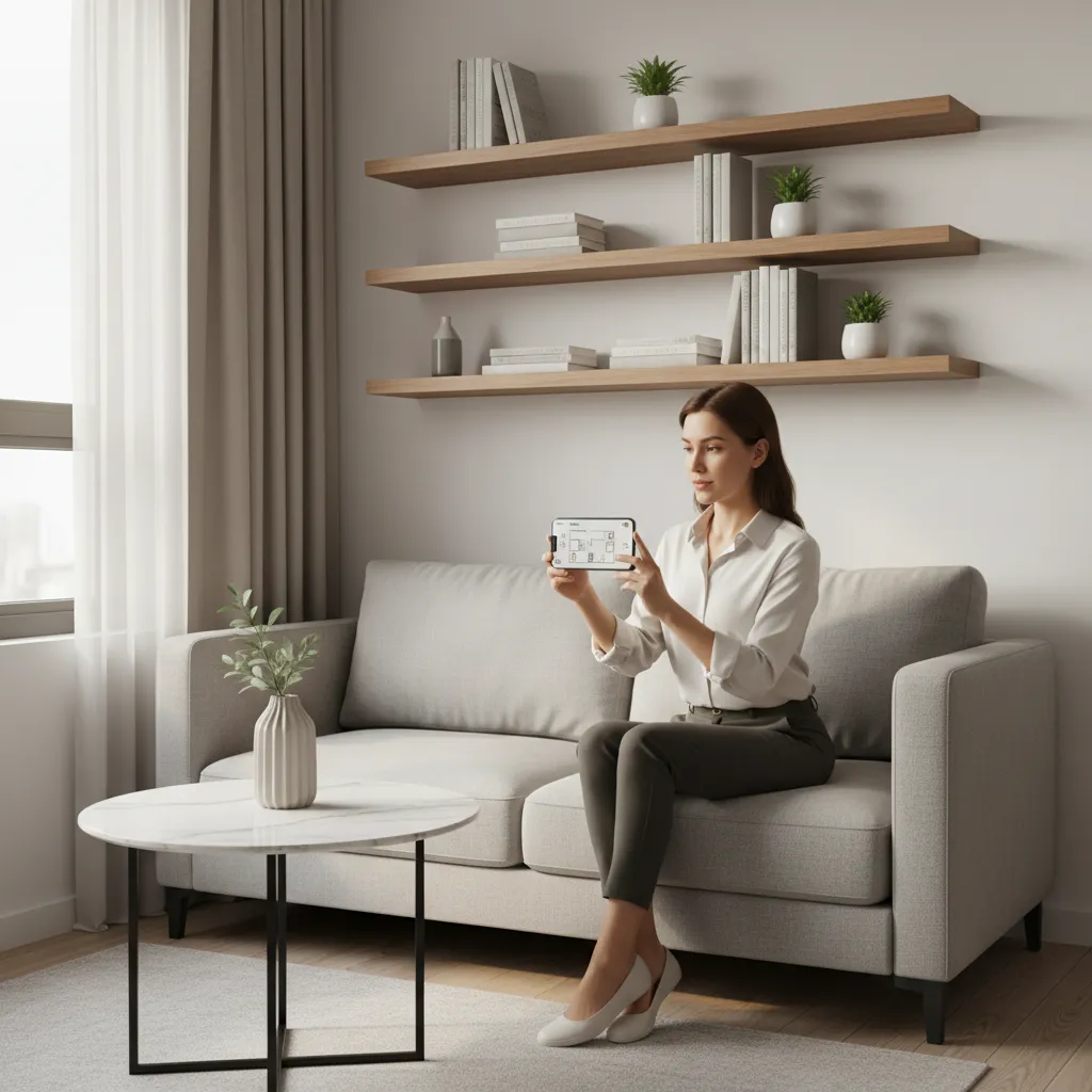 planning a small living room layout using a smartphone interior design app