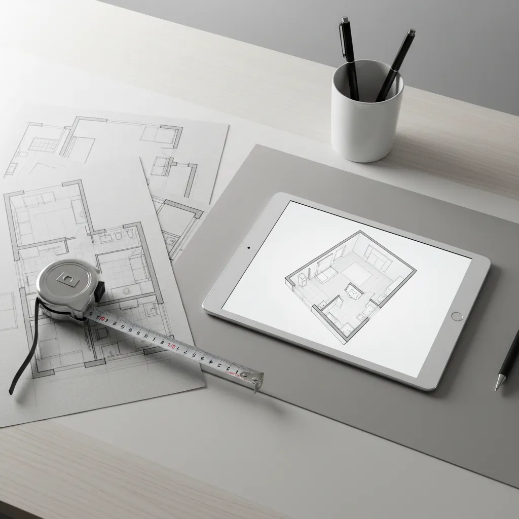 Interior designer planning small room layout with tablet and floor plan sketch