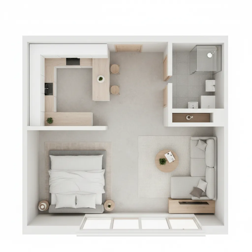 small studio apartment layout showing living sleeping and circulation zones