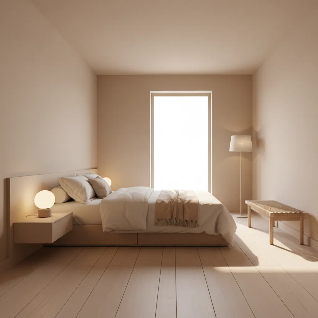 Small bedroom using light neutral color palette to make space feel larger