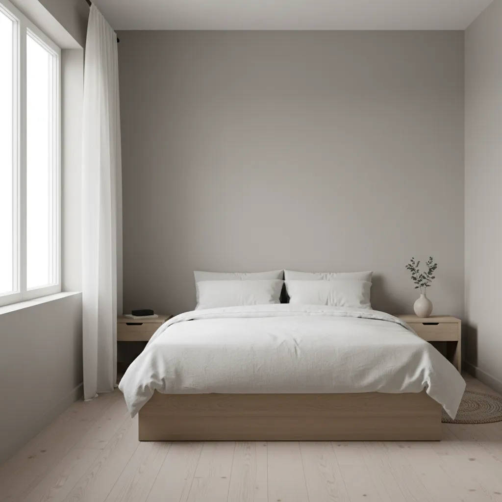 Small bedroom with soft neutral wall color that visually expands space