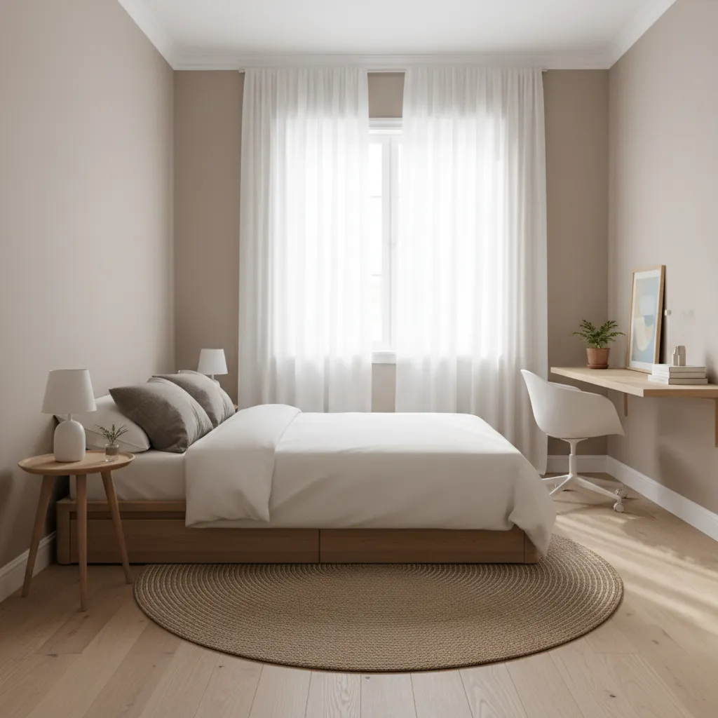 Small bedroom design with white bed round rug wooden desk white chair and light walls