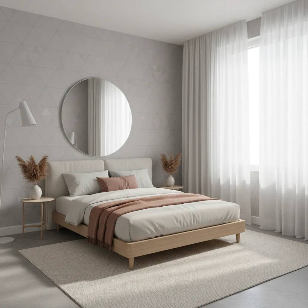 Small bedroom using light patterned wallpaper to create a spacious feeling