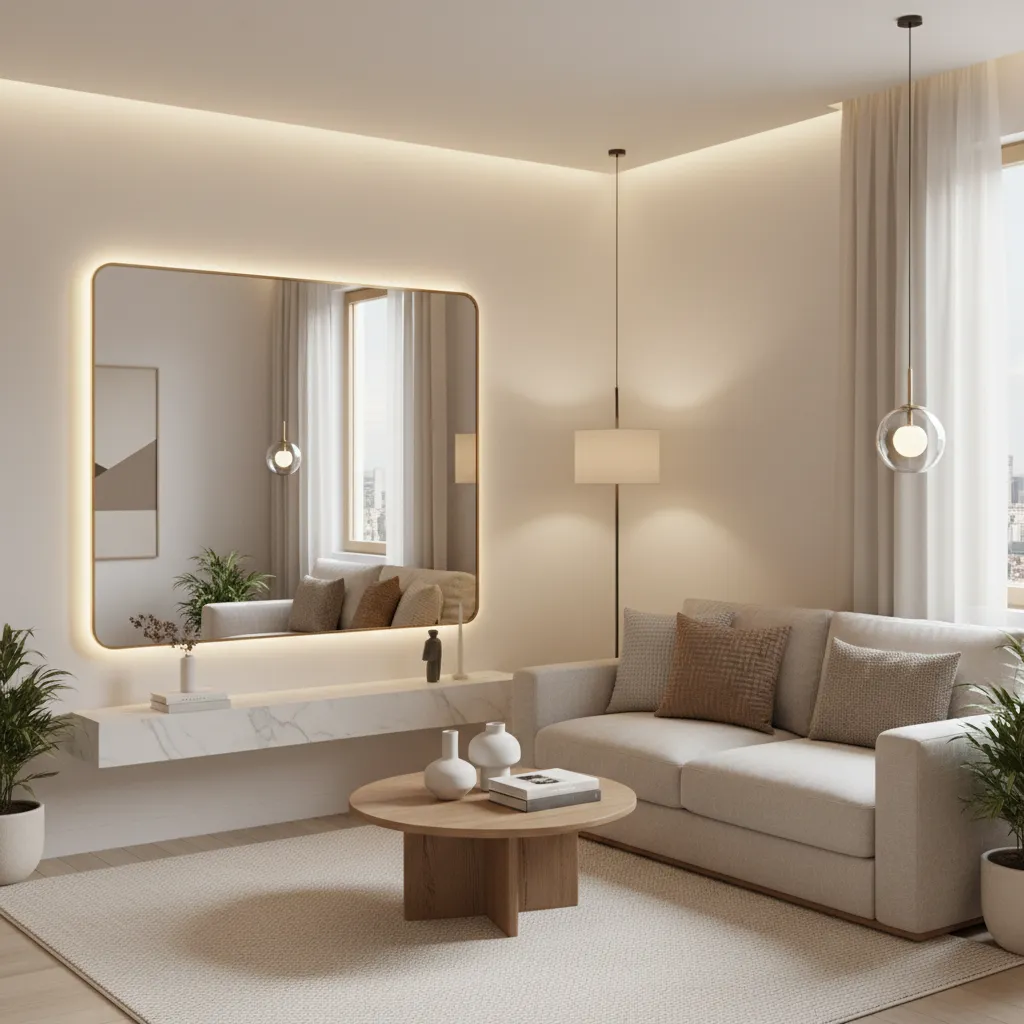 Bright small living room using light colors and layered lighting to expand space