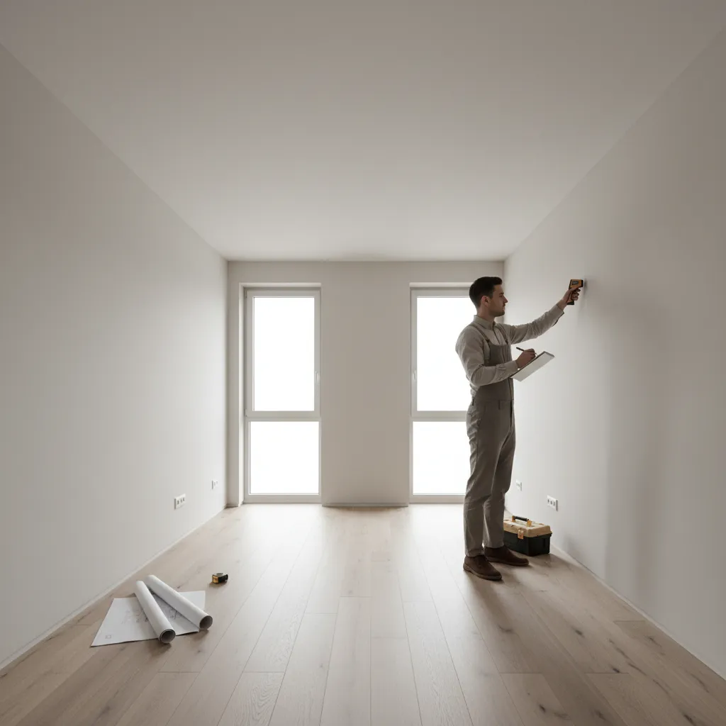 Designer measuring a compact room and documenting dimensions for layout planning