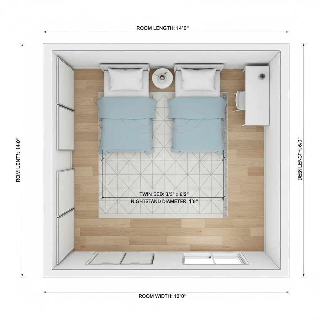 Bedroom floor measurement diagram for planning two bed layout