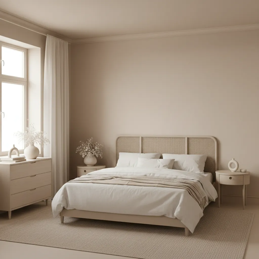 small bedroom with continuous paint color on walls and trim to enlarge space