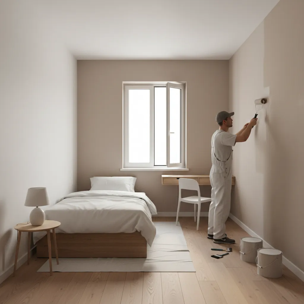 Person painting walls in a small enclosed bedroom with minimal furniture