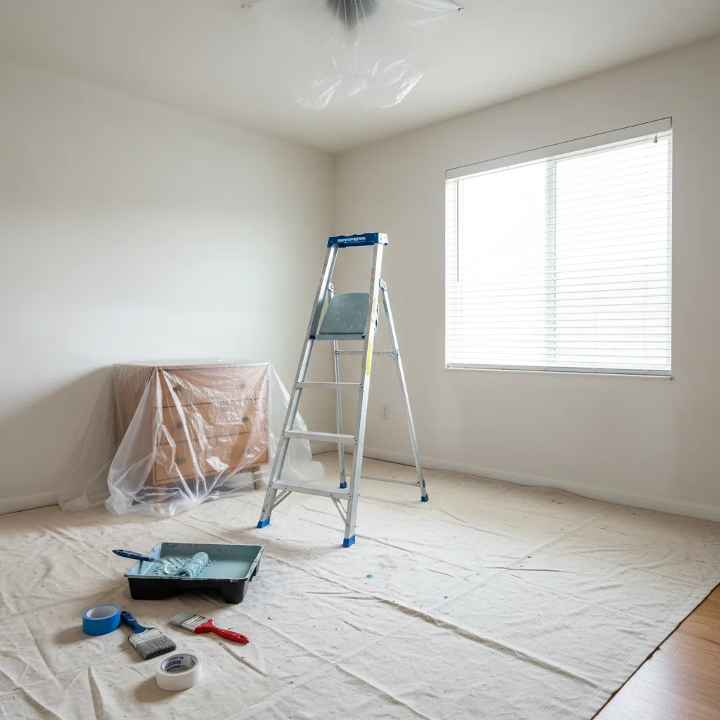Compact bedroom prepared for painting with ladder, drop cloths, and organized tools