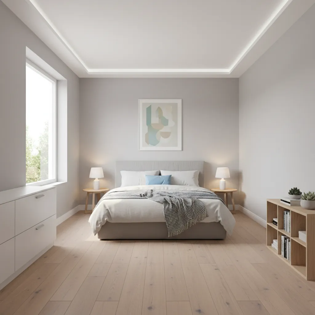small bedroom with thin POP ceiling border and simple design