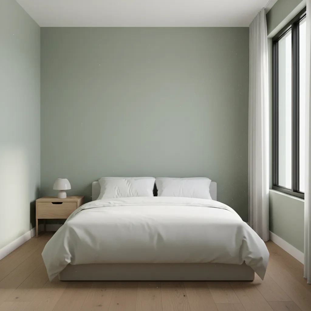 Small bedroom with soft sage green walls minimal furniture and natural light