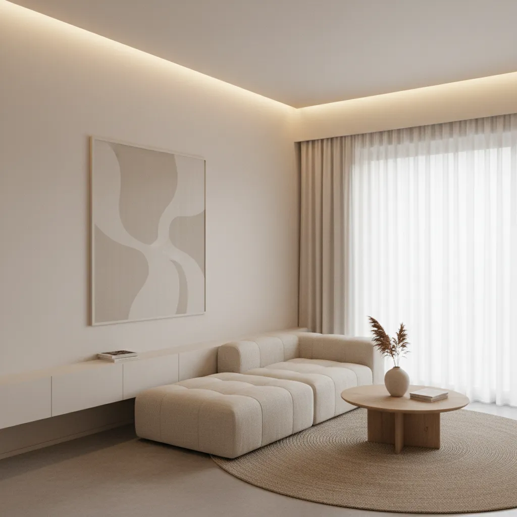 habitación pequeña con paredes y techo del mismo color claro