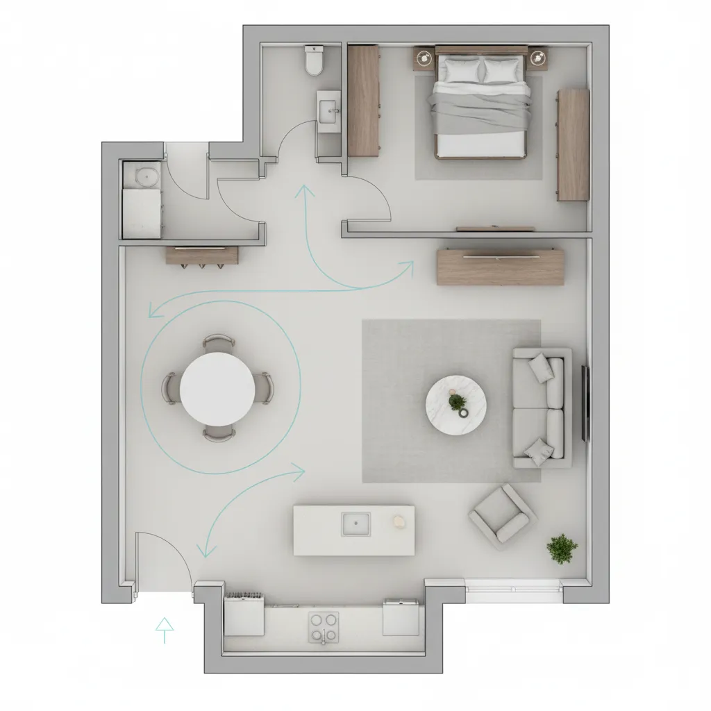 Small room floor plan showing safe clearance around a sideboard
