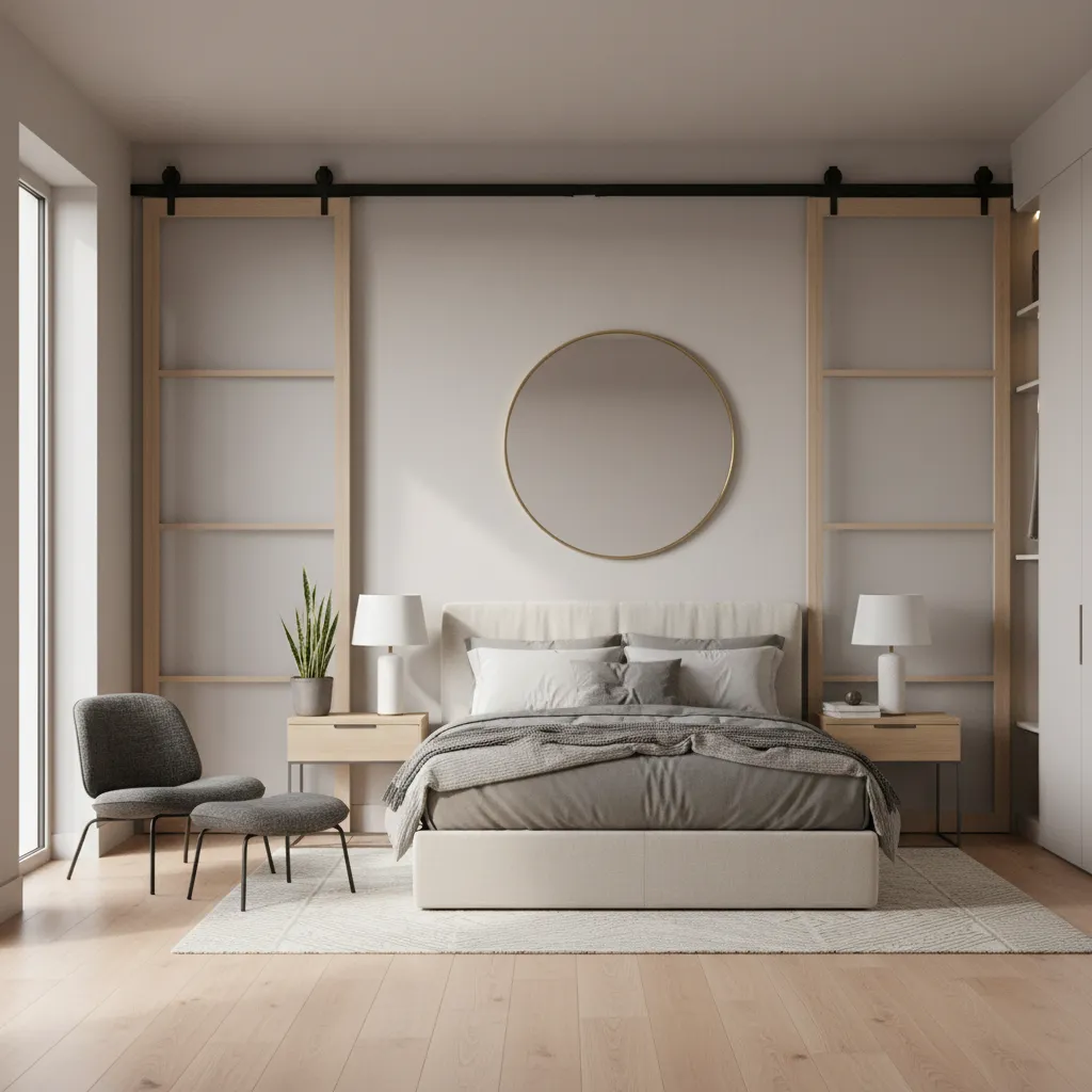 modern small bedroom with sliding double doors saving floor space