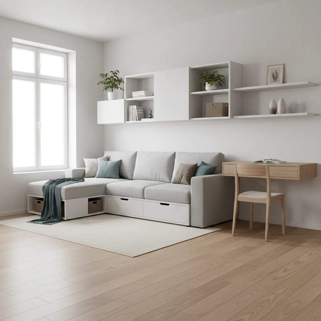 Smart small room layout using multifunctional furniture