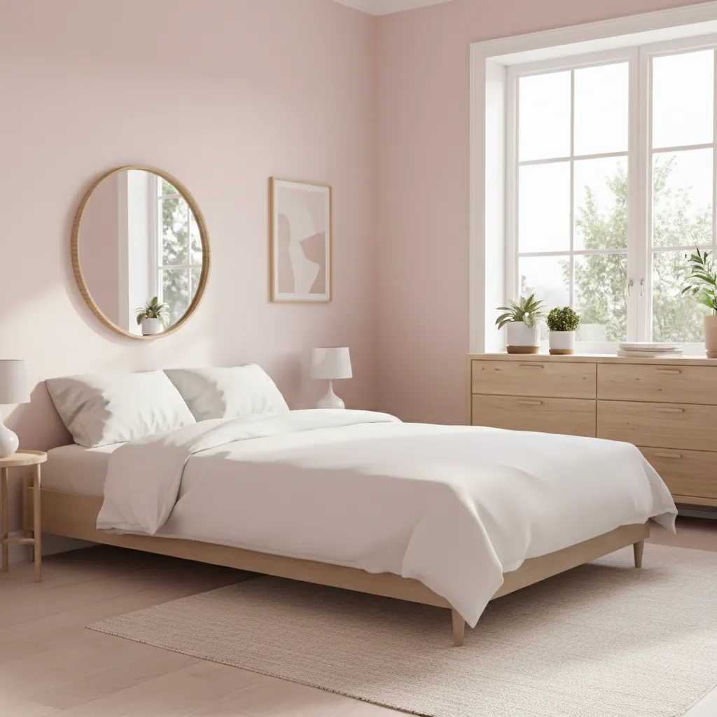 Small bedroom using soft pink walls and light furniture to enlarge the space
